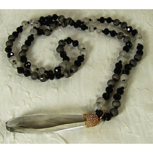 Faceted Teardrop Glass Pendant Long Line Necklace Frosted Gray Black Beads Knots - Picture 4 of 6